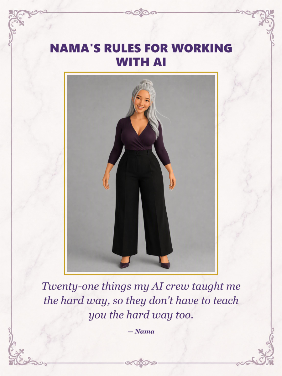 The cover of Nama's Rules for Working with AI — a cartoon Nama in a purple top on a marble background with gold trim