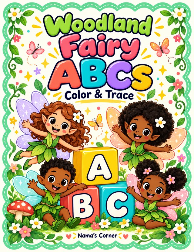 The front cover of Woodland Fairy ABCs, a coloring and tracing book, with smiling cartoon fairies among flowers and leaves.