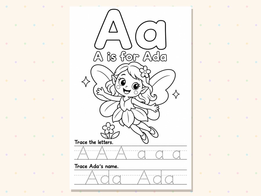 Page A of the fairy book: a big letter A to color, a fairy named Ada, and dotted letters to trace.