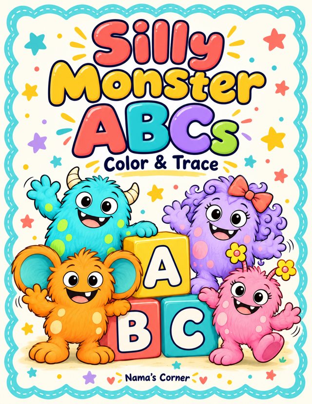The front cover of Silly Monster ABCs, a coloring and tracing book, with bright friendly cartoon monsters.