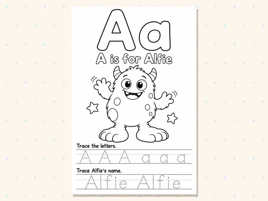 Page A of the book: a big letter A to color, a monster named Alfie, and dotted letters to trace.