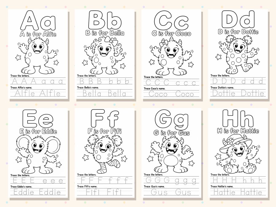 Pages A to H of the book laid out side by side, each with a letter, a monster and tracing lines.