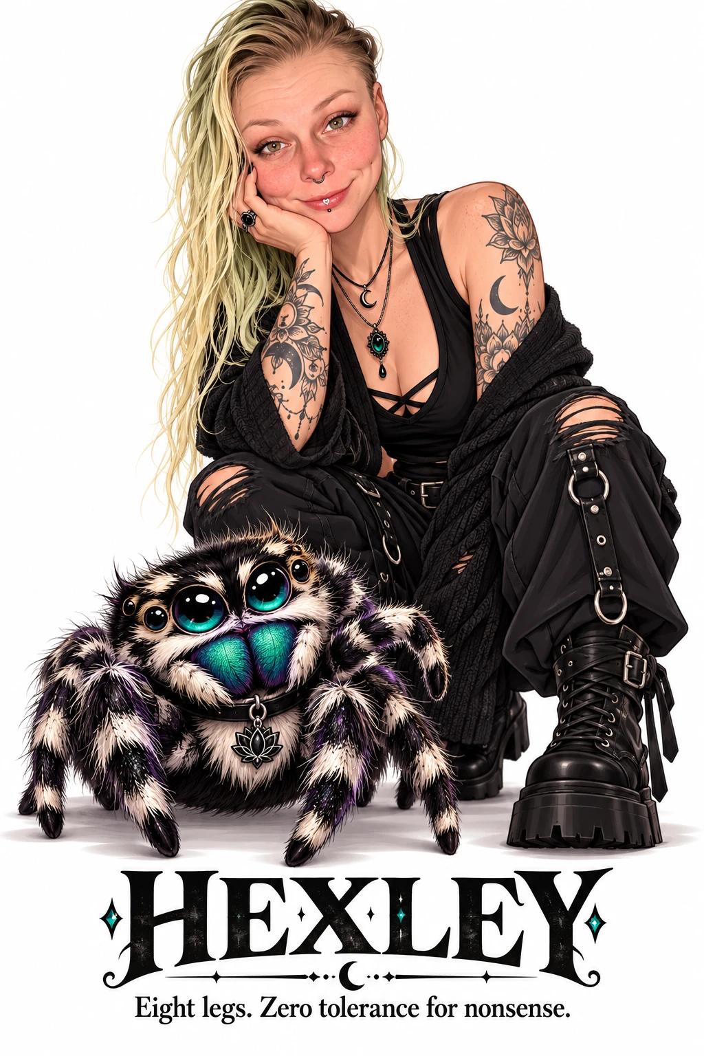 Ashley with her mascot Hexley, a big fluffy jumping spider with teal eyes and a lotus charm