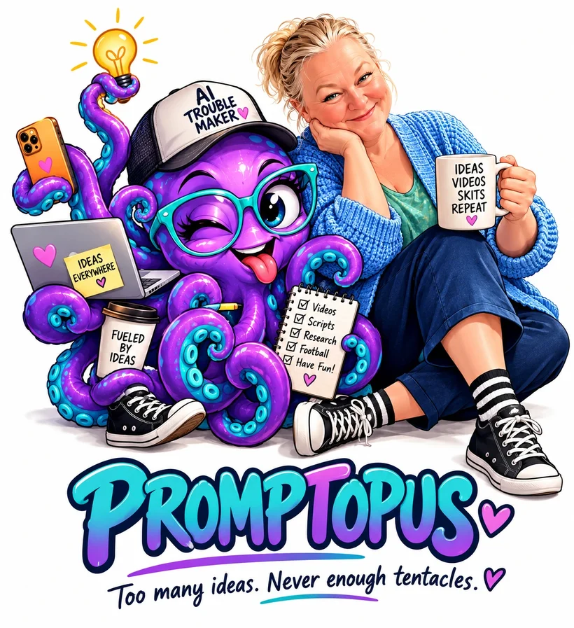 Nama with her mascot Promptopus, a winking purple octopus in teal glasses and an AI Trouble Maker cap