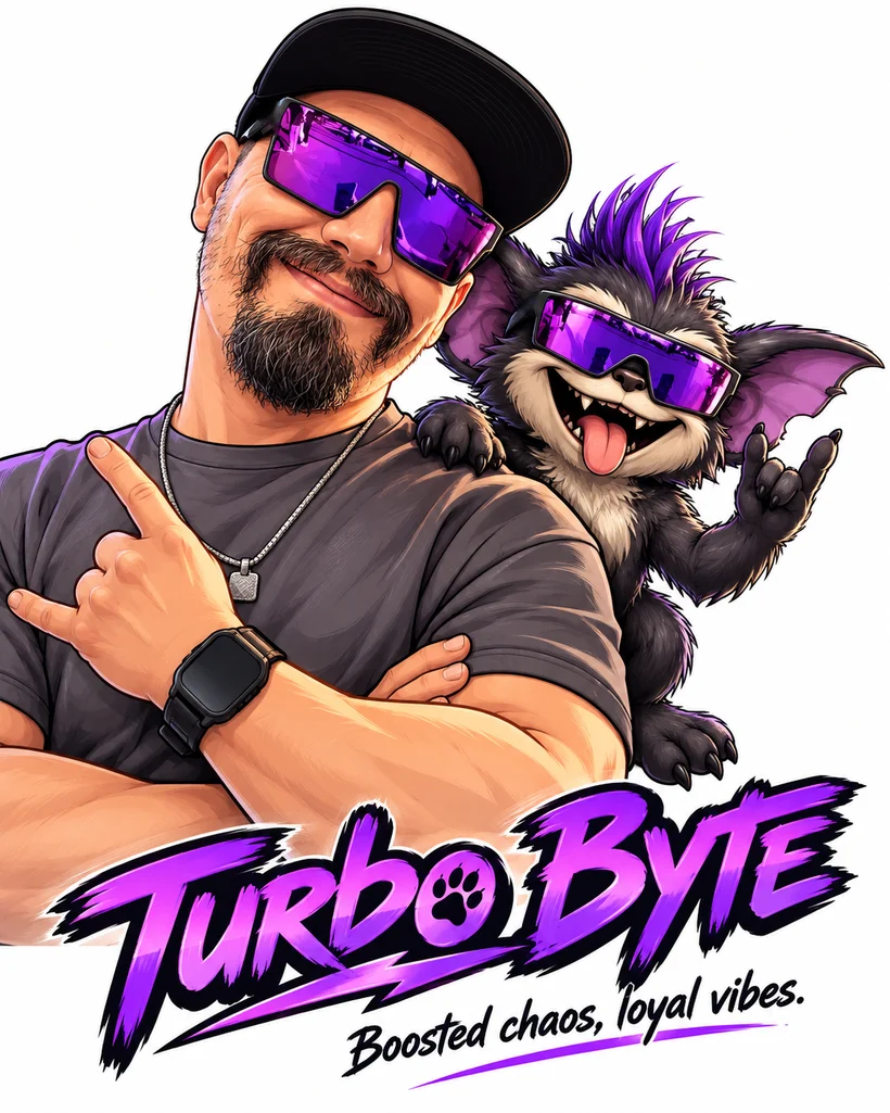 Zac with his mascot Turbo Byte, a fuzzy gremlin in purple sunglasses