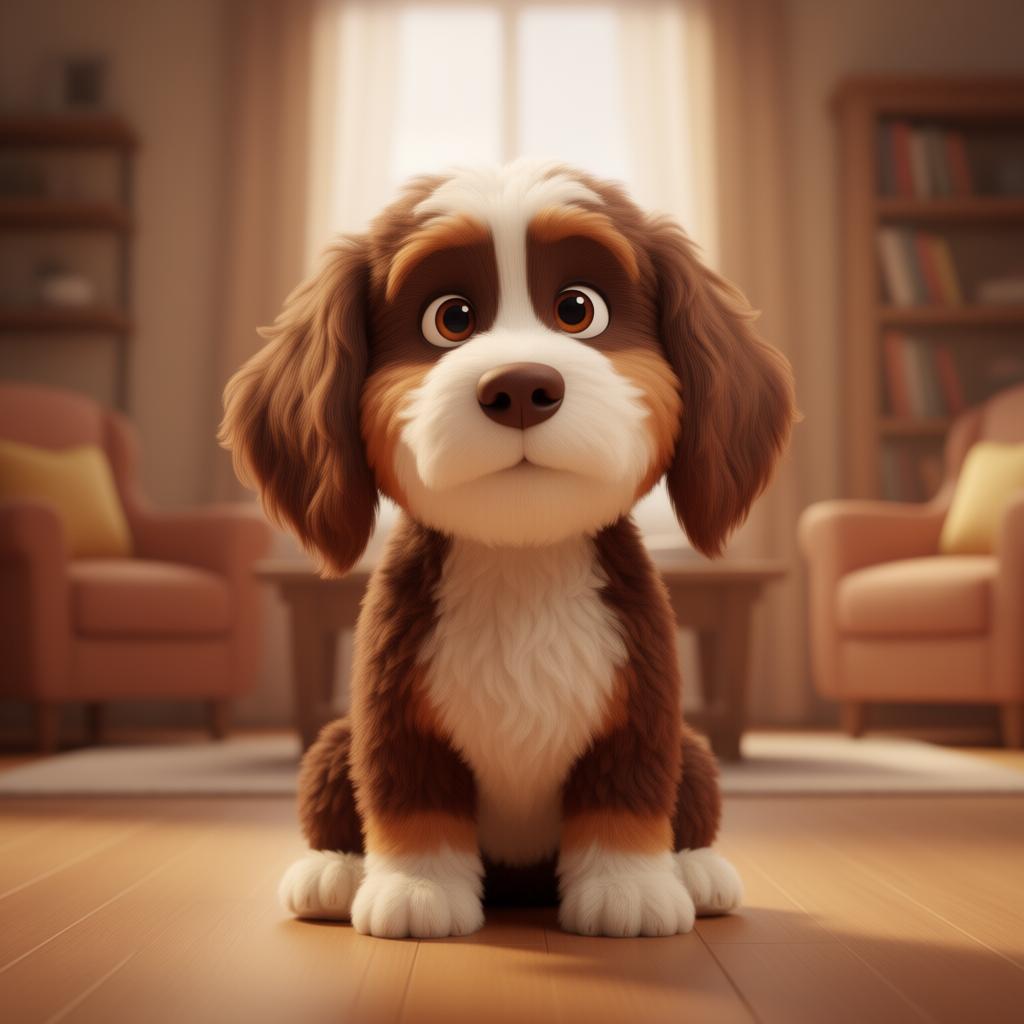 Gracie, a cartoon dog with brown and white curly fur, sitting in a cozy living room