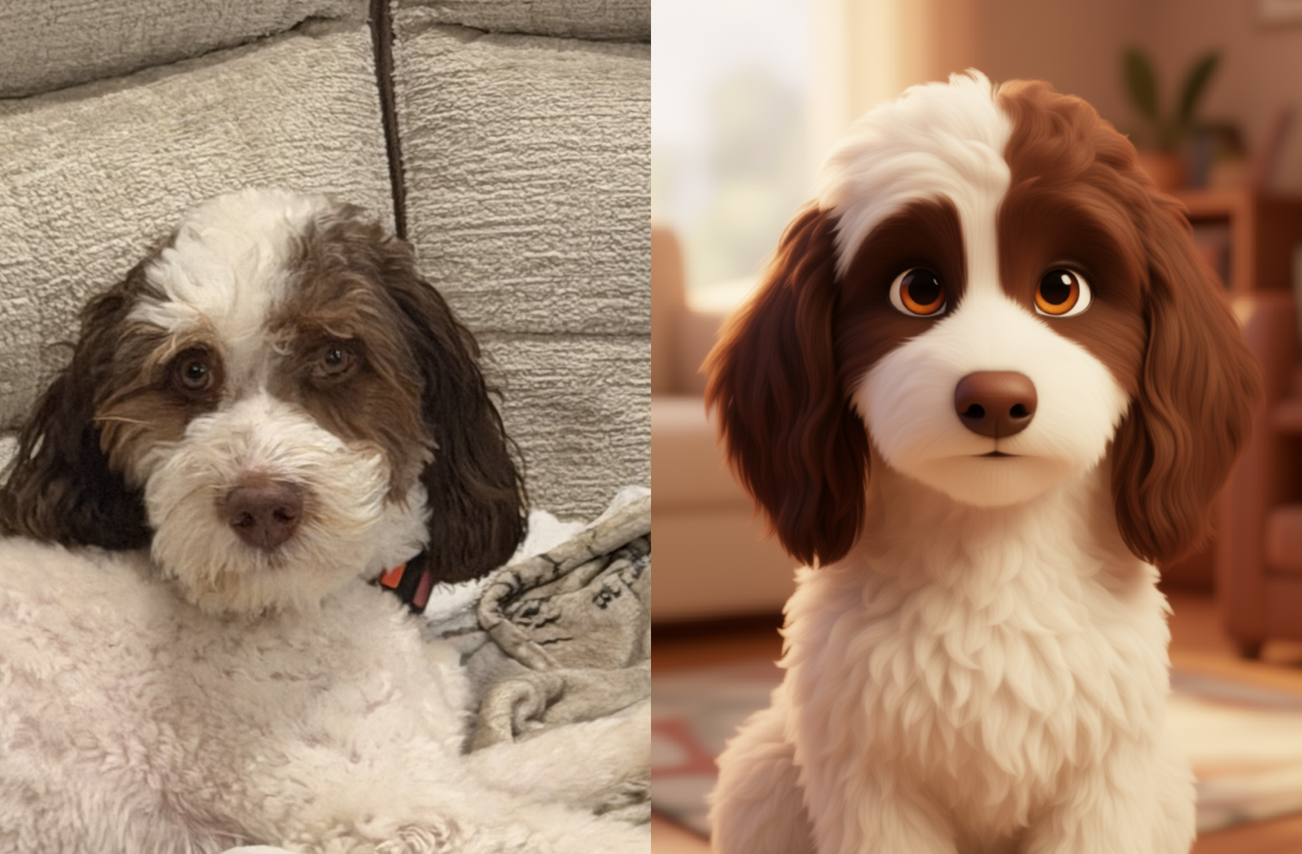 Gracie in real life on the left, and as her cartoon self on the right - the same cream curly coat, chocolate-brown markings around her eyes and long floppy ears